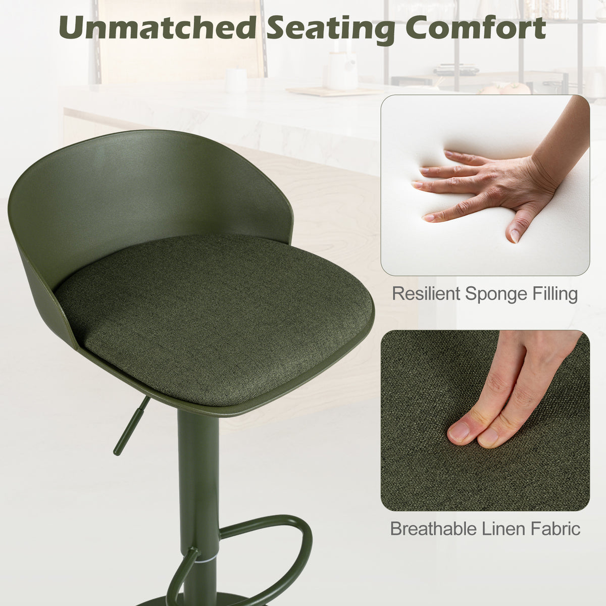 Set of 2 Adjustable Swivel Bar Stools with Back and Footrest Loads 150 KG Each-Green