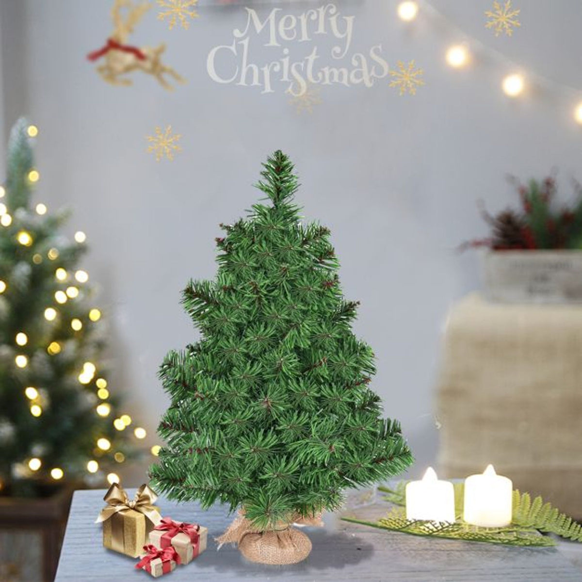 Set of 2 Artificial Table Top Christmas Tree with Burlap Base