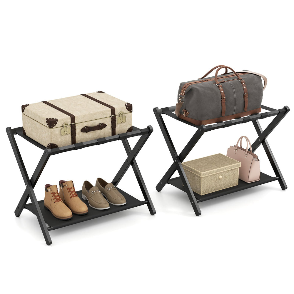 Set of 2 Bamboo Luggage Racks with Nylon Straps and Oxford Cloth Storage Shelves-Black