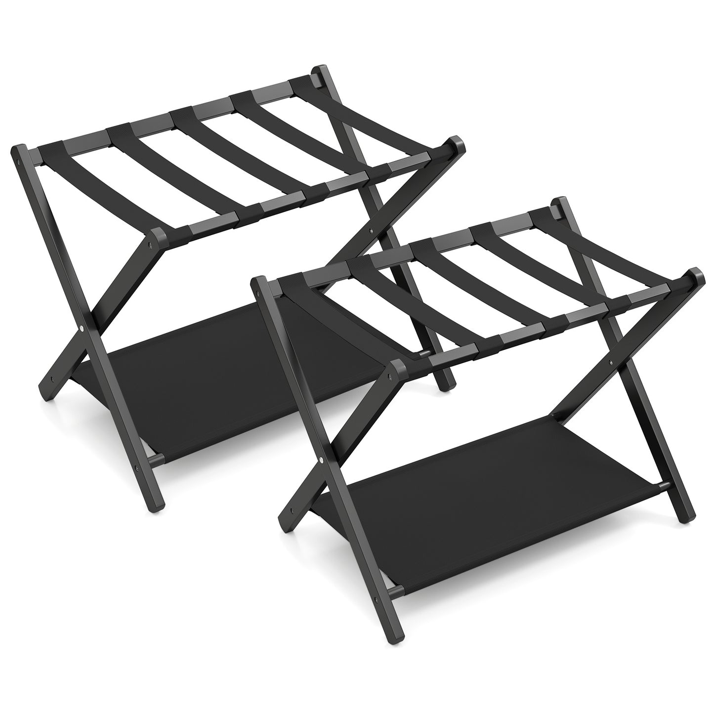 Set of 2 Bamboo Luggage Racks with Nylon Straps and Oxford Cloth Storage Shelves-Black