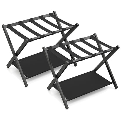 Set of 2 Bamboo Luggage Racks with Nylon Straps and Oxford Cloth Storage Shelves-Black
