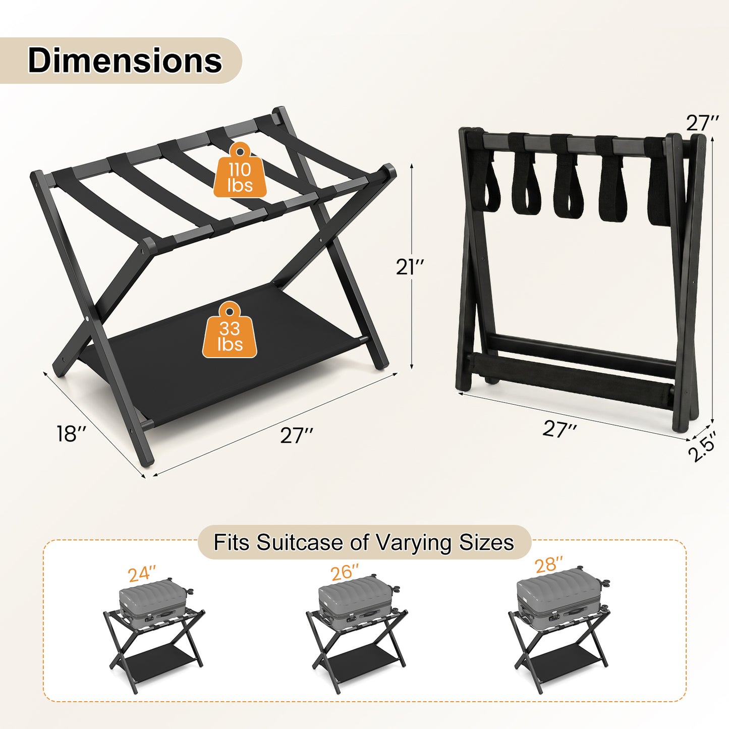 Set of 2 Bamboo Luggage Racks with Nylon Straps and Oxford Cloth Storage Shelves-Black