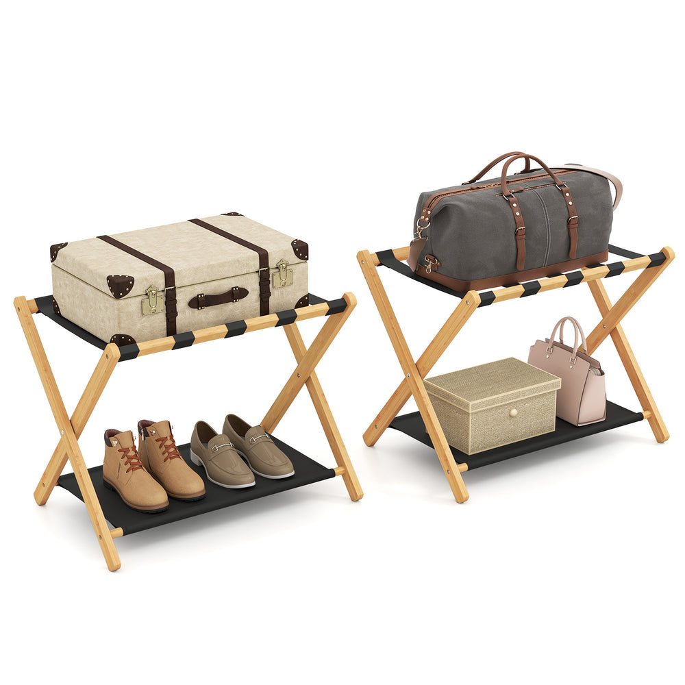 Set of 2 Bamboo Luggage Racks with Nylon Straps and Oxford Cloth Storage Shelves-Natrual