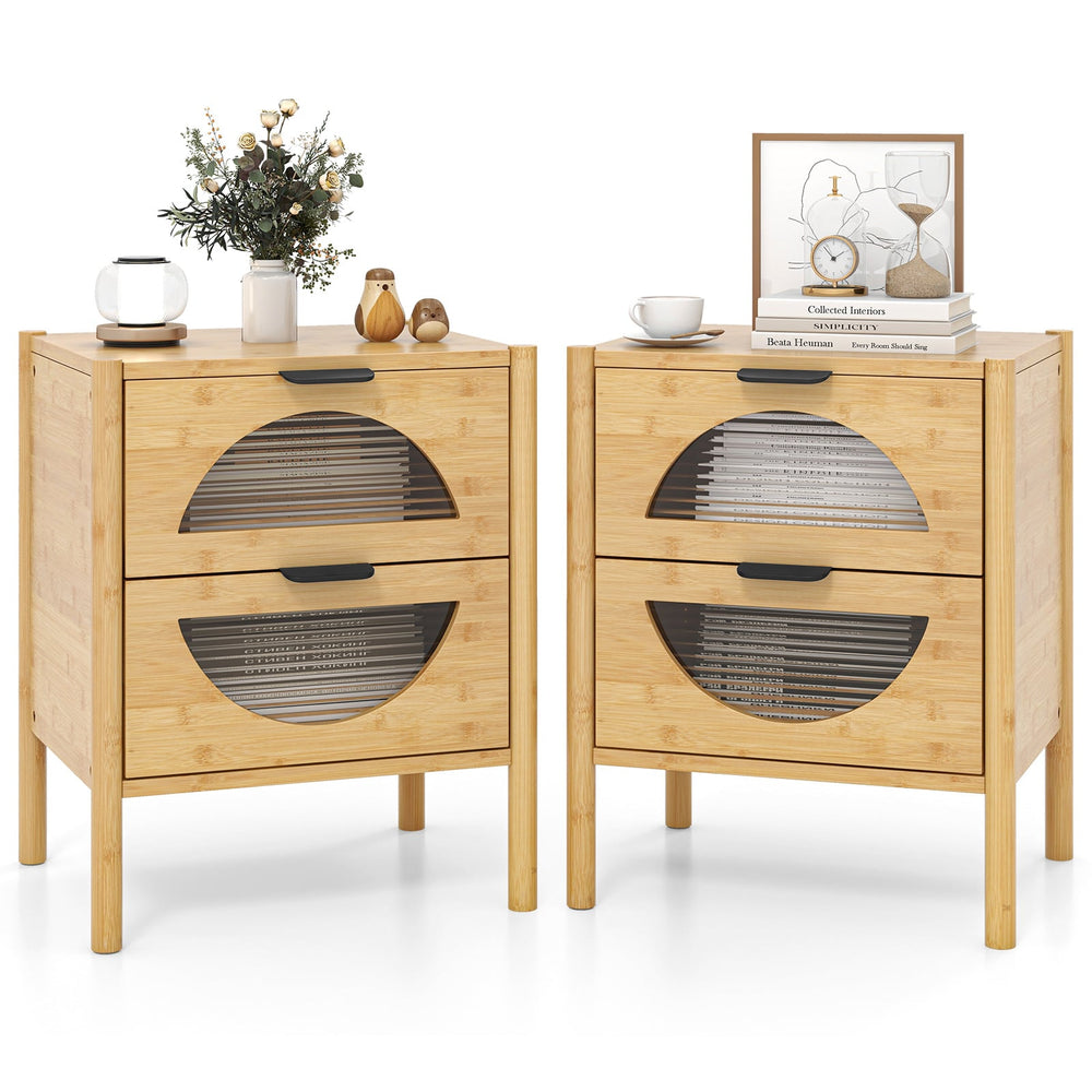 Set of 2 Bamboo Nightstand Mid-century Modern Bedside Table with 2 Storage Drawers-Natural