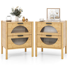 Set of 2 Bamboo Nightstand Mid-century Modern Bedside Table with 2 Storage Drawers-Natural