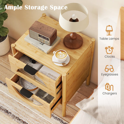 Set of 2 Bamboo Nightstand Mid-century Modern Bedside Table with 2 Storage Drawers-Natural