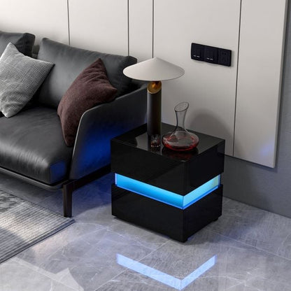 Set of 2 Bedside Table LED Nightstand with Drawers-Black