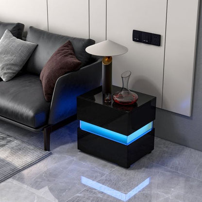Set of 2 Bedside Table LED Nightstand with Drawers-Black