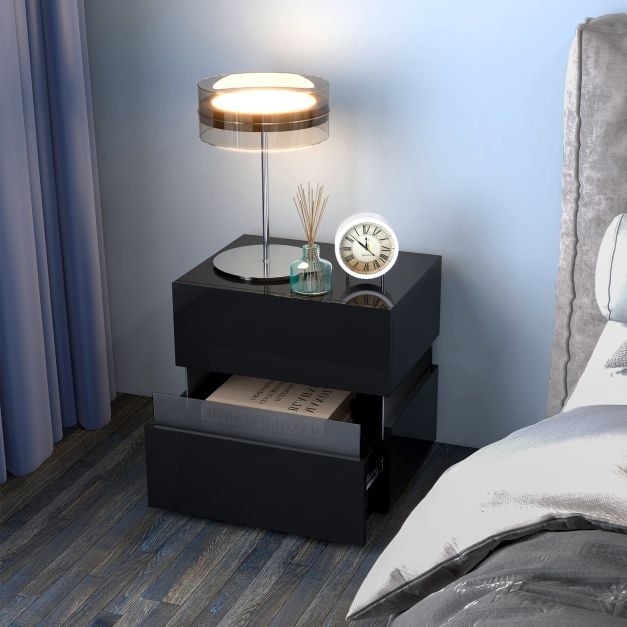 Set of 2 Bedside Table LED Nightstand with Drawers-Black