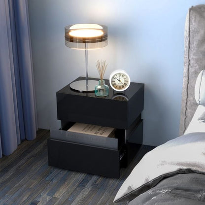 Set of 2 Bedside Table LED Nightstand with Drawers-Black