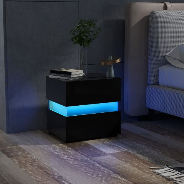 Set of 2 Bedside Table LED Nightstand with Drawers-Black