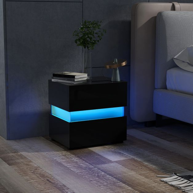 Set of 2 Bedside Table LED Nightstand with Drawers-Black