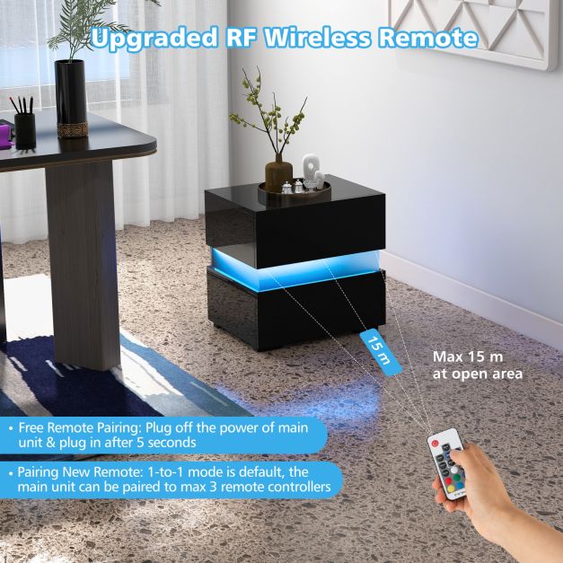 Set of 2 Bedside Table LED Nightstand with Drawers-Black