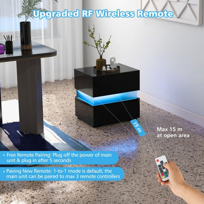 Set of 2 Bedside Table LED Nightstand with Drawers-Black