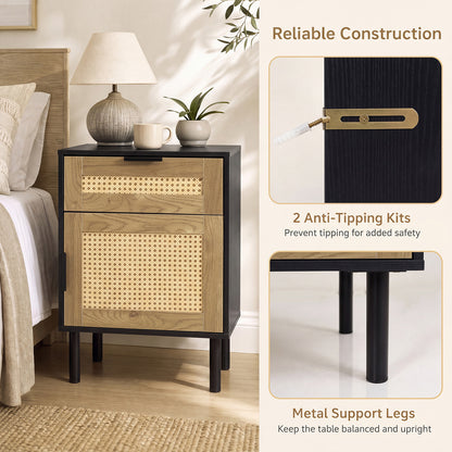 Set of 2 Bedside Table with Rattan-decorated Storage Drawer and Door Metal Legs-Black