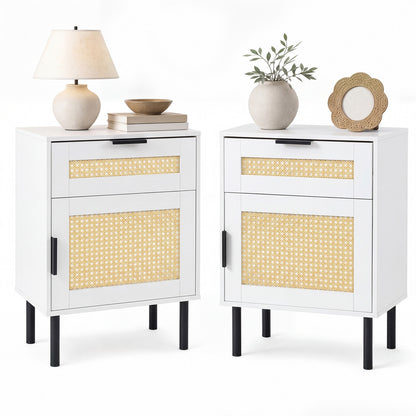 Set of 2 Bedside Table with Rattan-decorated Storage Drawer and Door Metal Legs-White