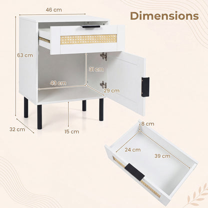 Set of 2 Bedside Table with Rattan-decorated Storage Drawer and Door Metal Legs-White
