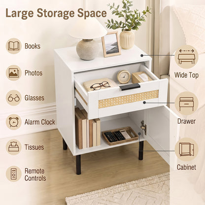Set of 2 Bedside Table with Rattan-decorated Storage Drawer and Door Metal Legs-White