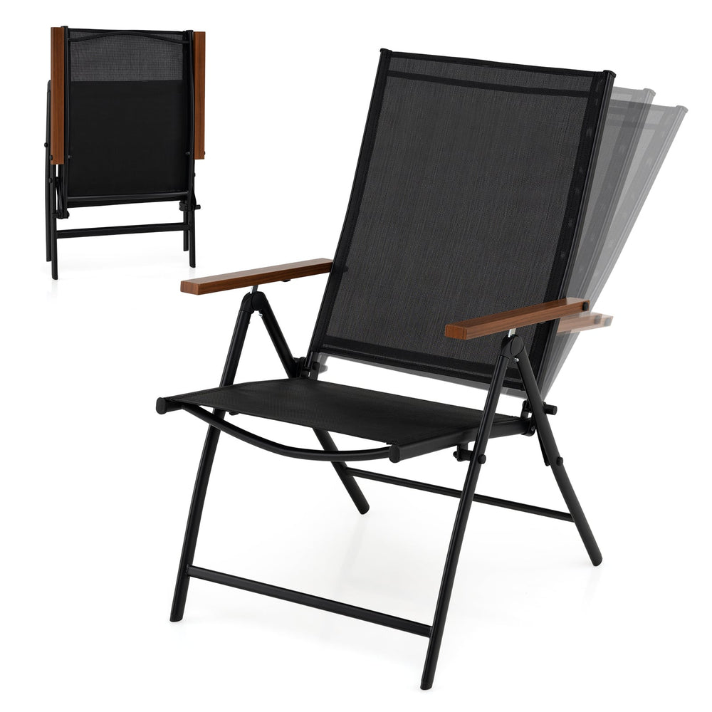 Set of 2 Breathable Fabric Folding Patio Chairs with 5-Position Adjustable Backrests-Black