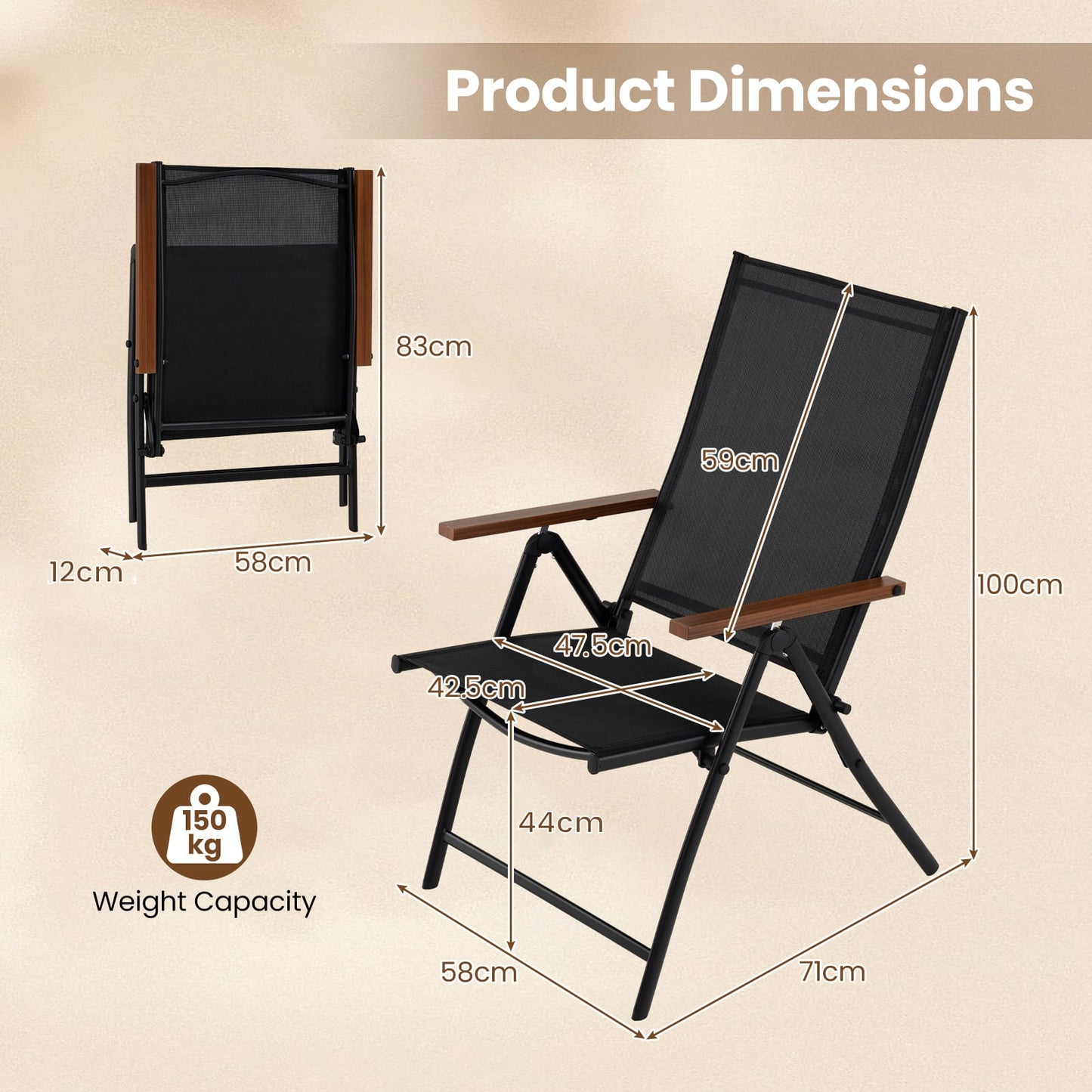 Set of 2 Breathable Fabric Folding Patio Chairs with 5-Position Adjustable Backrests-Black