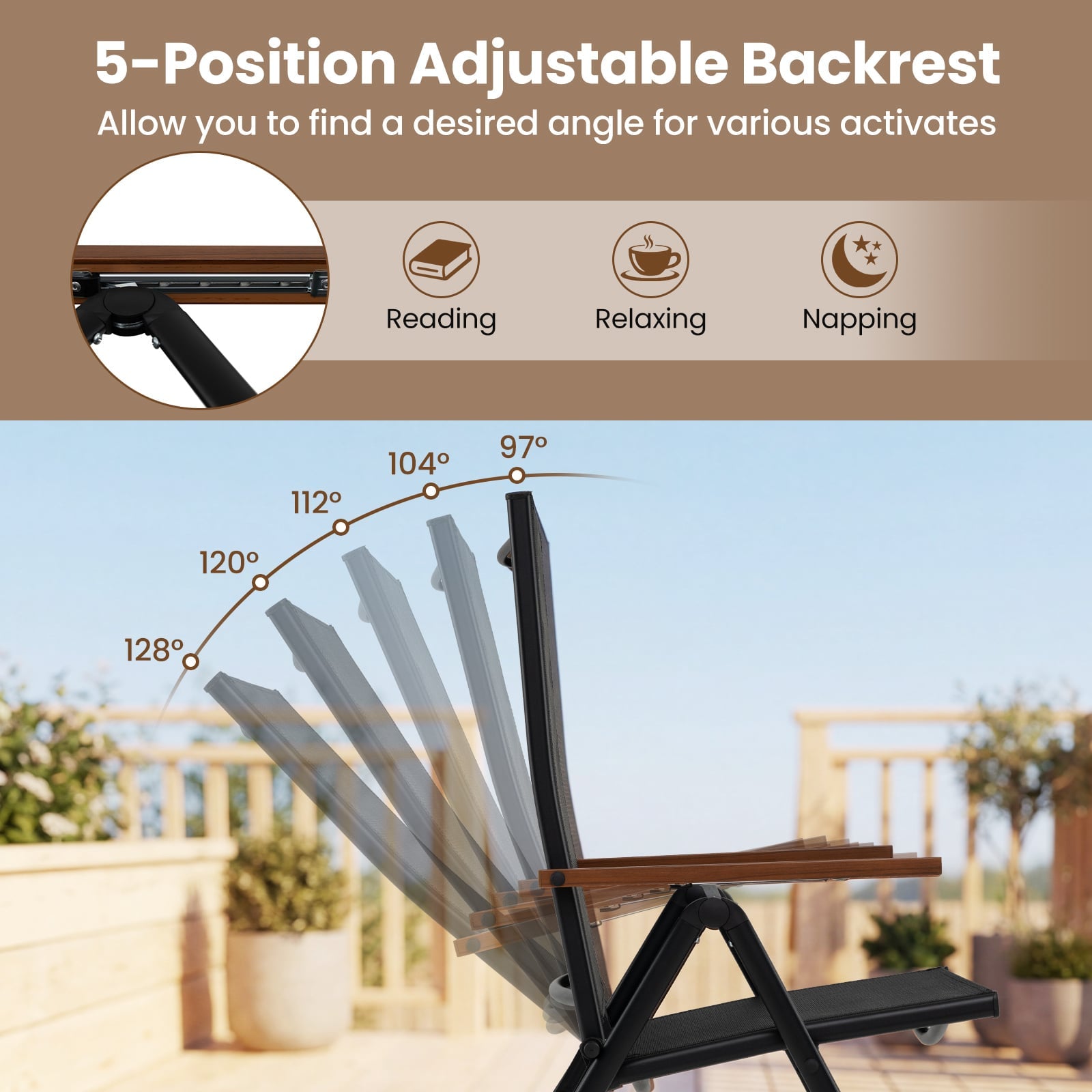 Set of 2 Breathable Fabric Folding Patio Chairs with 5-Position Adjustable Backrests-Black