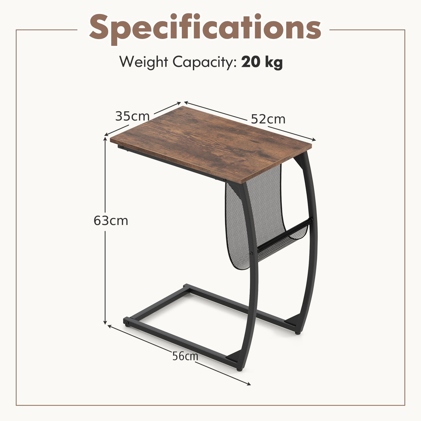 Set of 2 C-Shaped Compact Sofa Side Snack Table for Small Space-Brown