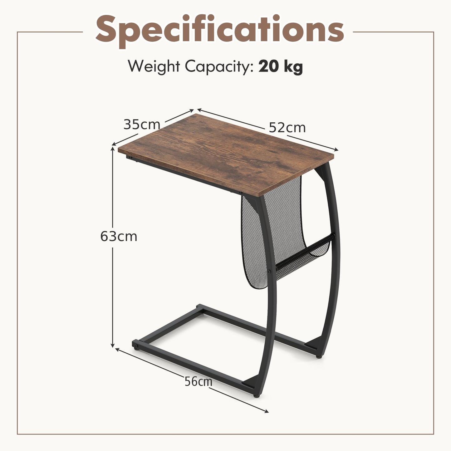 Set of 2 C-Shaped Compact Sofa Side Snack Table for Small Space-Brown