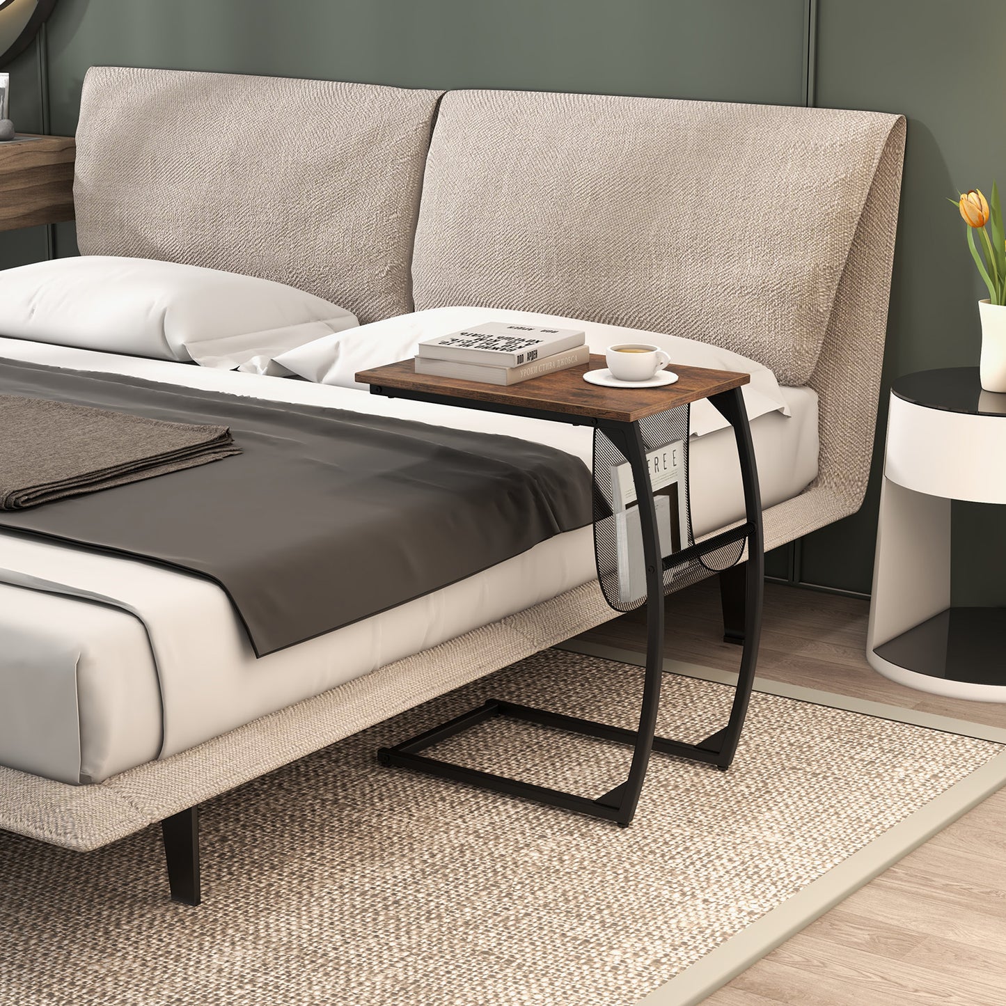 Set of 2 C-Shaped Compact Sofa Side Snack Table for Small Space-Brown