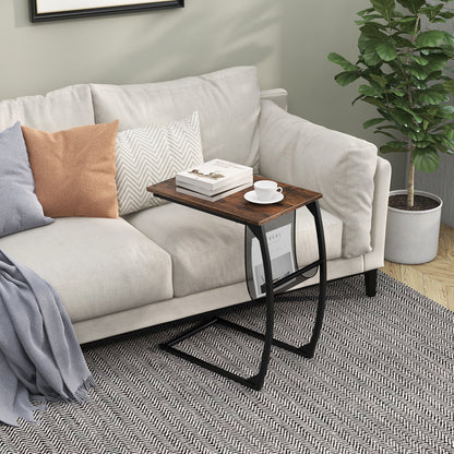 Set of 2 C-Shaped Compact Sofa Side Snack Table for Small Space-Brown