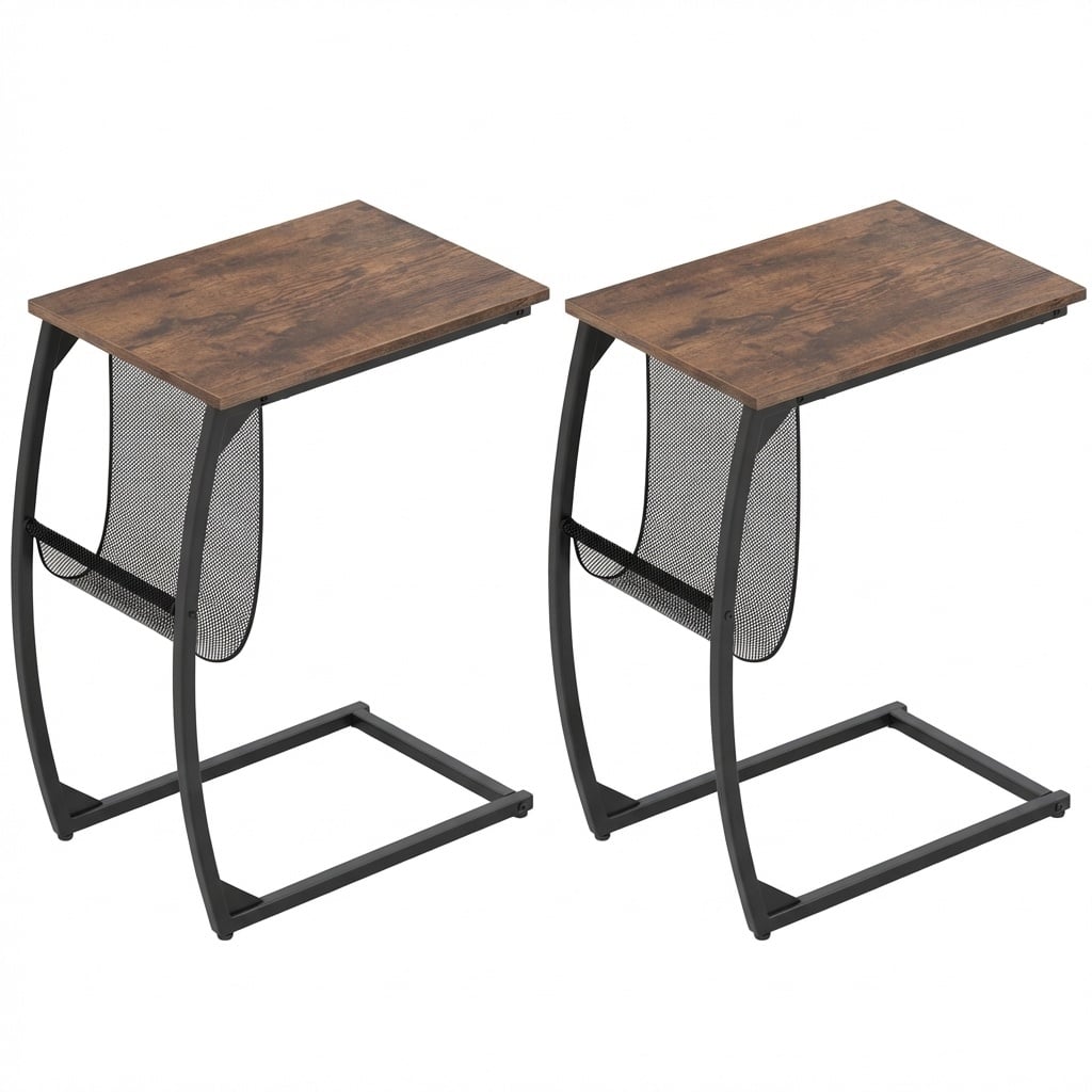 Set of 2 C-Shaped Compact Sofa Side Snack Table for Small Space-Brown