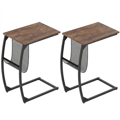 Set of 2 C-Shaped Compact Sofa Side Snack Table for Small Space-Brown