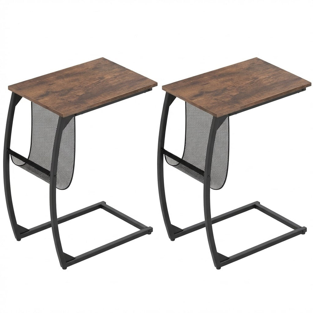 Set of 2 C-Shaped Compact Sofa Side Snack Table for Small Space-Brown