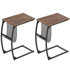 Set of 2 C-Shaped Compact Sofa Side Snack Table for Small Space-Brown