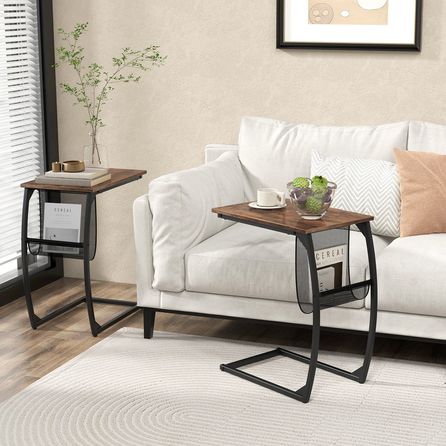 Set of 2 C-Shaped Compact Sofa Side Snack Table for Small Space-Brown