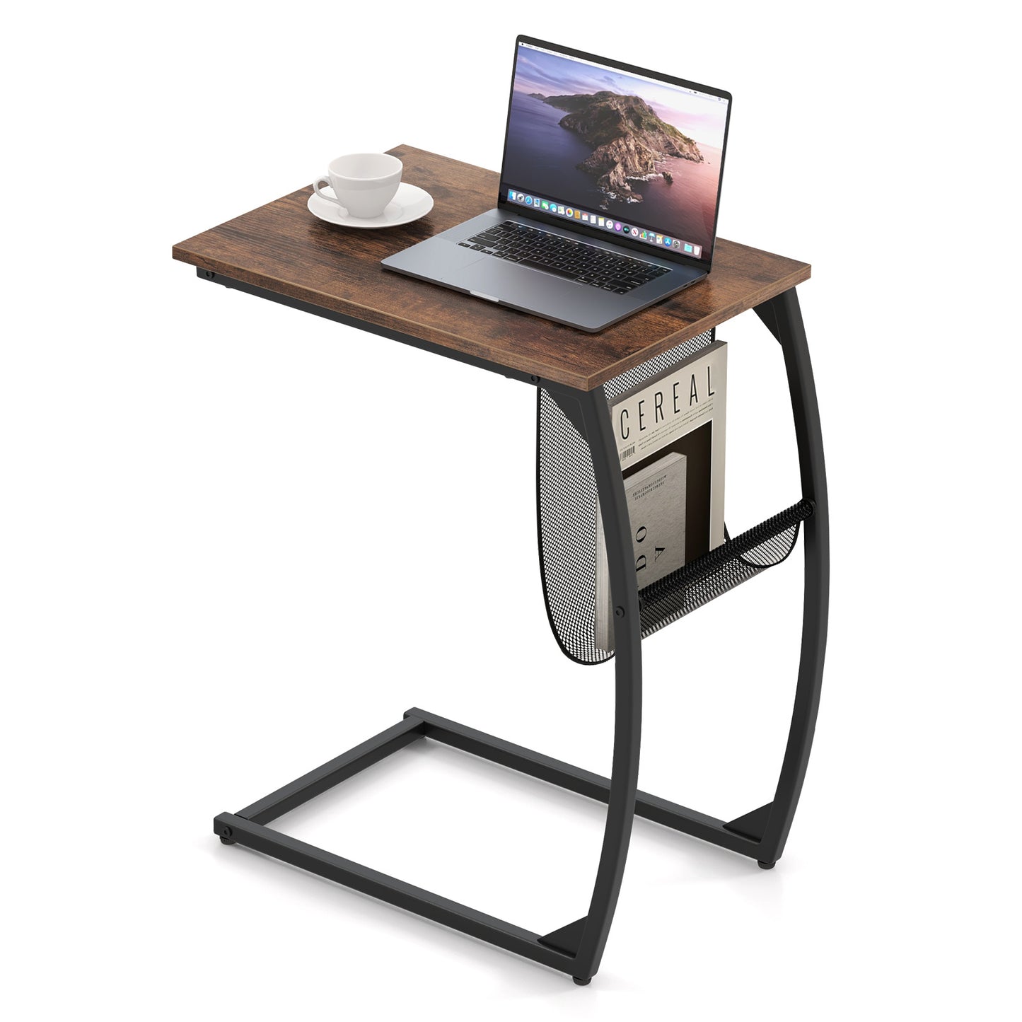 Set of 2 C-Shaped Compact Sofa Side Snack Table for Small Space-Brown