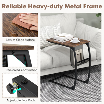 Set of 2 C-Shaped Compact Sofa Side Snack Table for Small Space-Brown