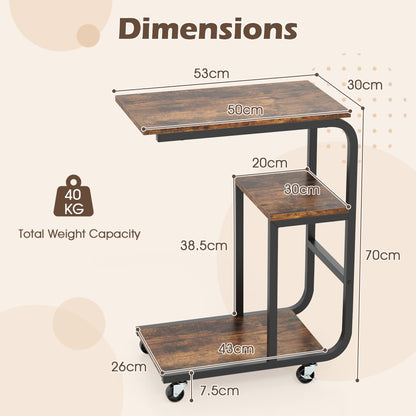 Set of 2 C-shaped End Table Space-saving Couch Table with Shelves-Rustic Brown