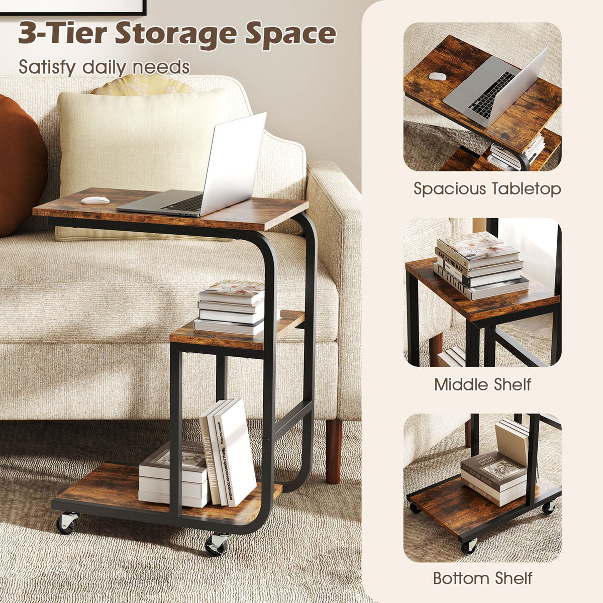 Set of 2 C-shaped End Table Space-saving Couch Table with Shelves-Rustic Brown