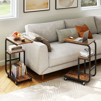Set of 2 C-shaped End Table Space-saving Couch Table with Shelves-Rustic Brown