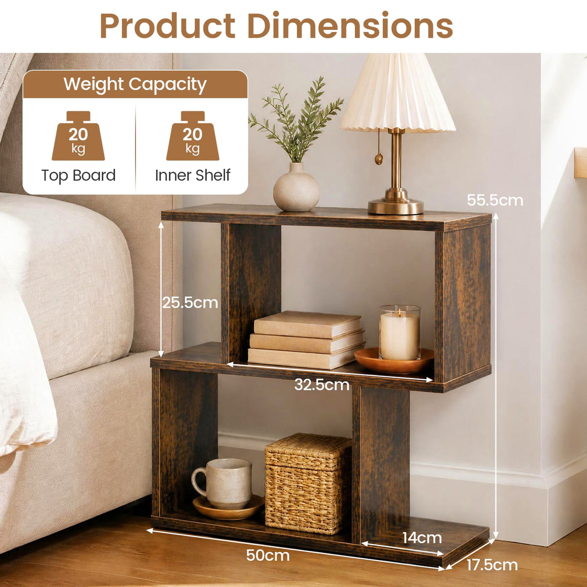 Set of 2 Decorative Storage Shelf Featuring Open Layout and Non-Slip Foot Pads-Rustic Brown