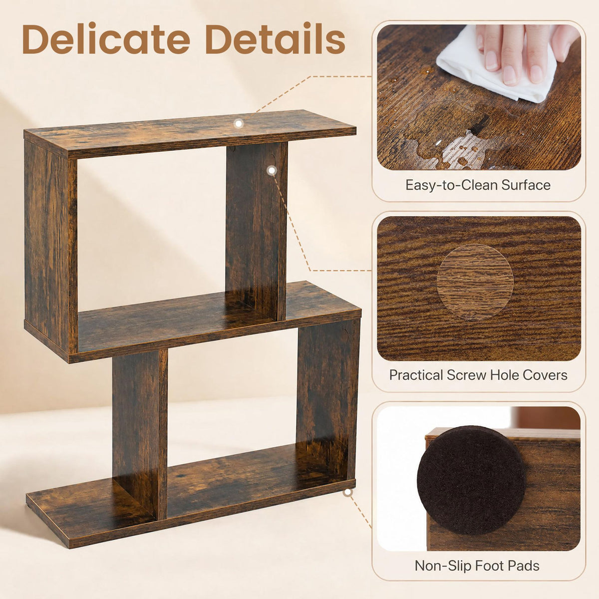 Set of 2 Decorative Storage Shelf Featuring Open Layout and Non-Slip Foot Pads-Rustic Brown