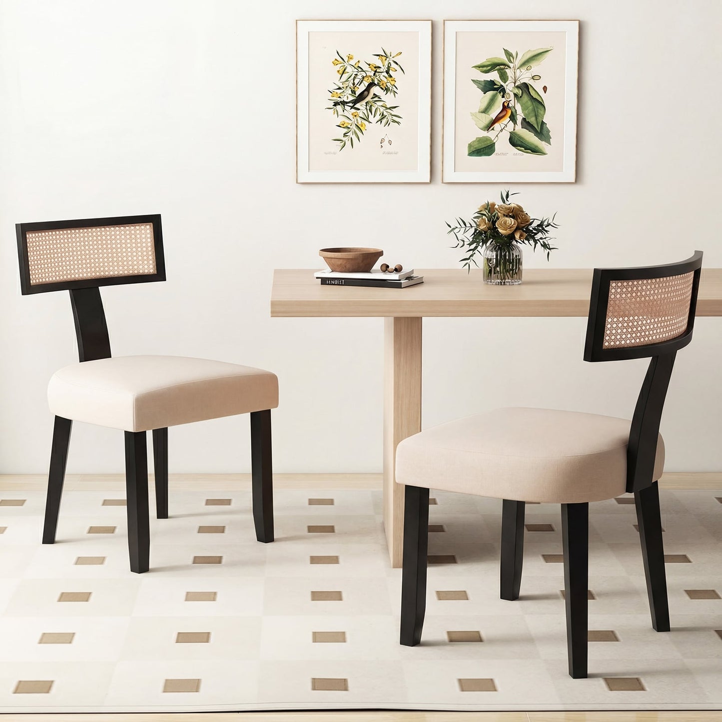 Set of 2 Dining Chairs Linen Fabric Upholstered Accent Chairs-Black