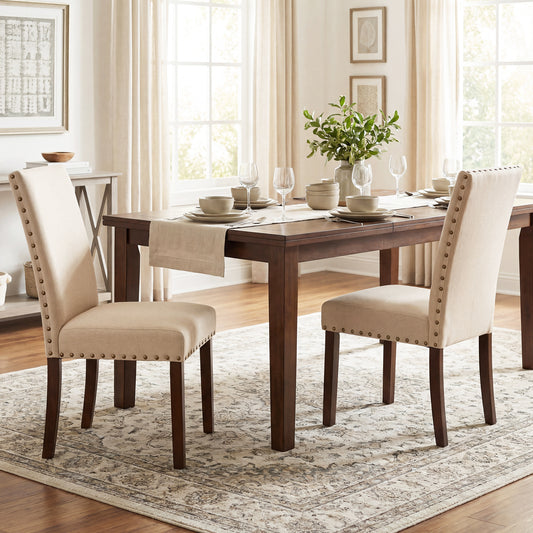 Set of 2 Dining Chairs with High Back, and Solid Rubber Wood Legs-Beige