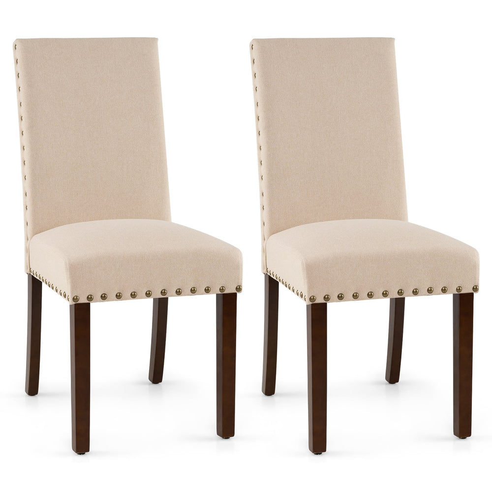 Set of 2 Dining Chairs with High Back, and Solid Rubber Wood Legs-Beige