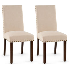 Set of 2 Dining Chairs with High Back, and Solid Rubber Wood Legs-Beige