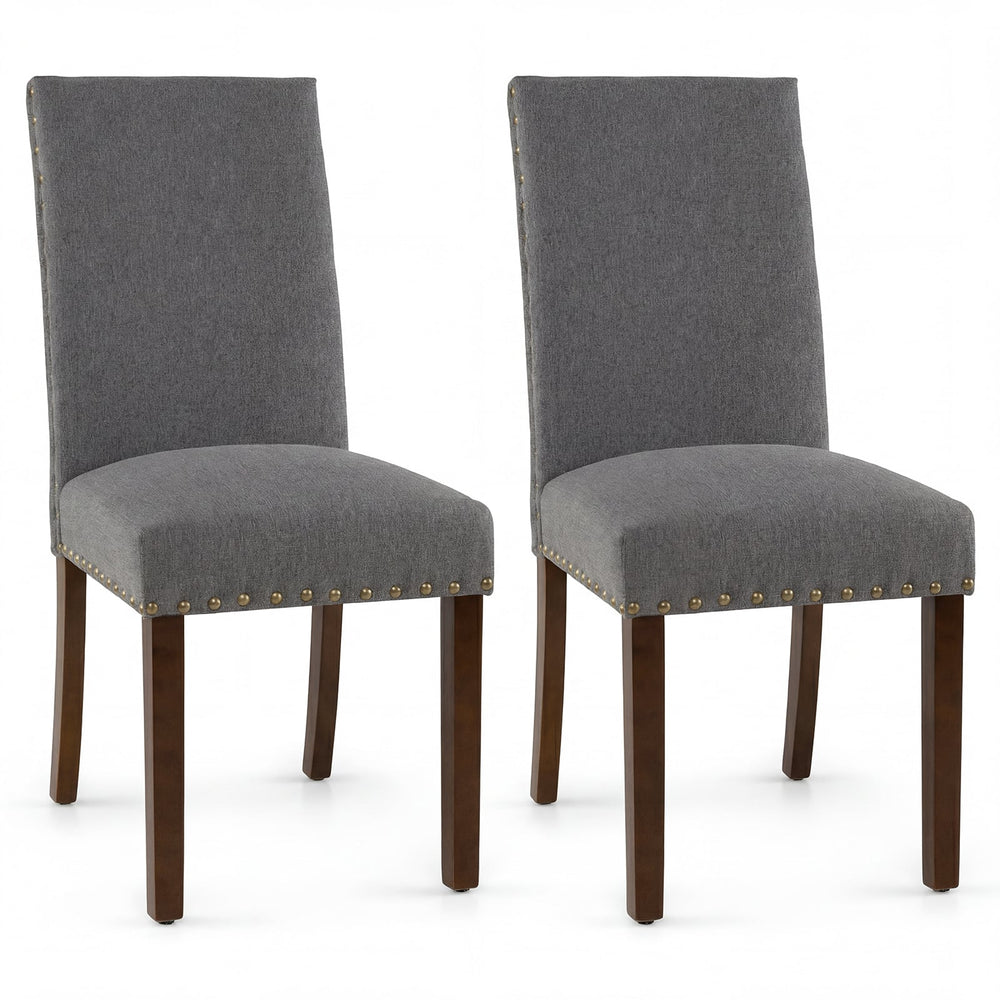 Set of 2 Dining Chairs with High Back, and Solid Rubber Wood Legs-Grey