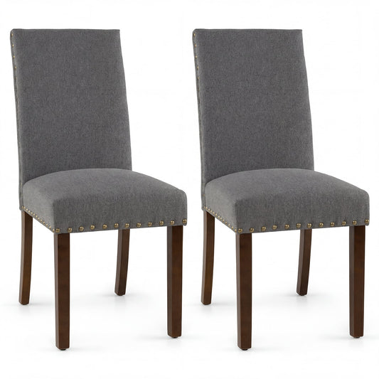 Set of 2 Dining Chairs with High Back, and Solid Rubber Wood Legs-Grey