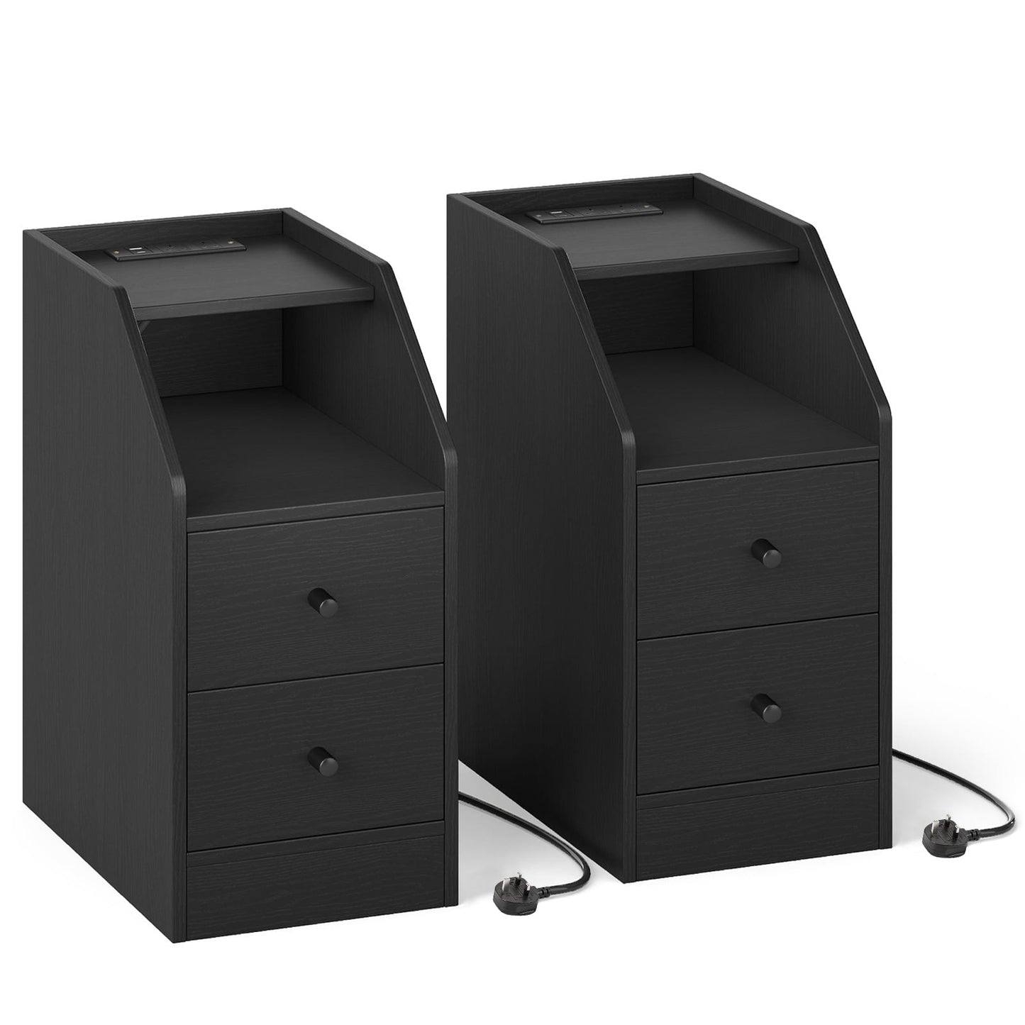 Set of 2 End Table with Charging Station and Storage Drawers for Small Space-Black