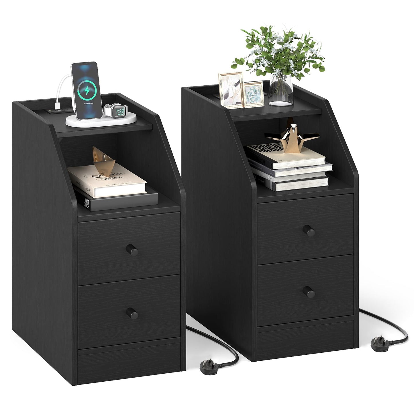 Set of 2 End Table with Charging Station and Storage Drawers for Small Space-Black