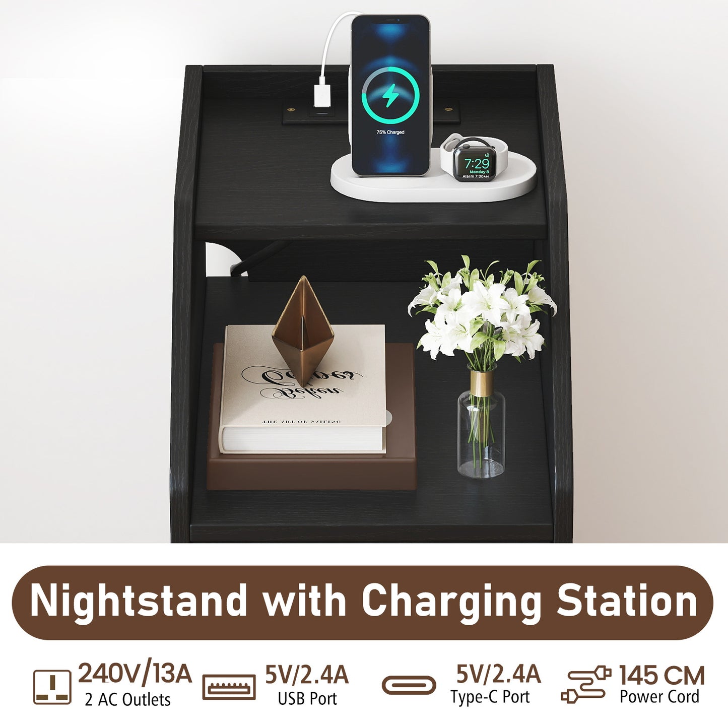 Set of 2 End Table with Charging Station and Storage Drawers for Small Space-Black